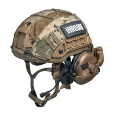 Кевларовий шолом ARCH NIJ IIIa, колір койот з активними навушниками Earmor M32 (X) + кавер піксель